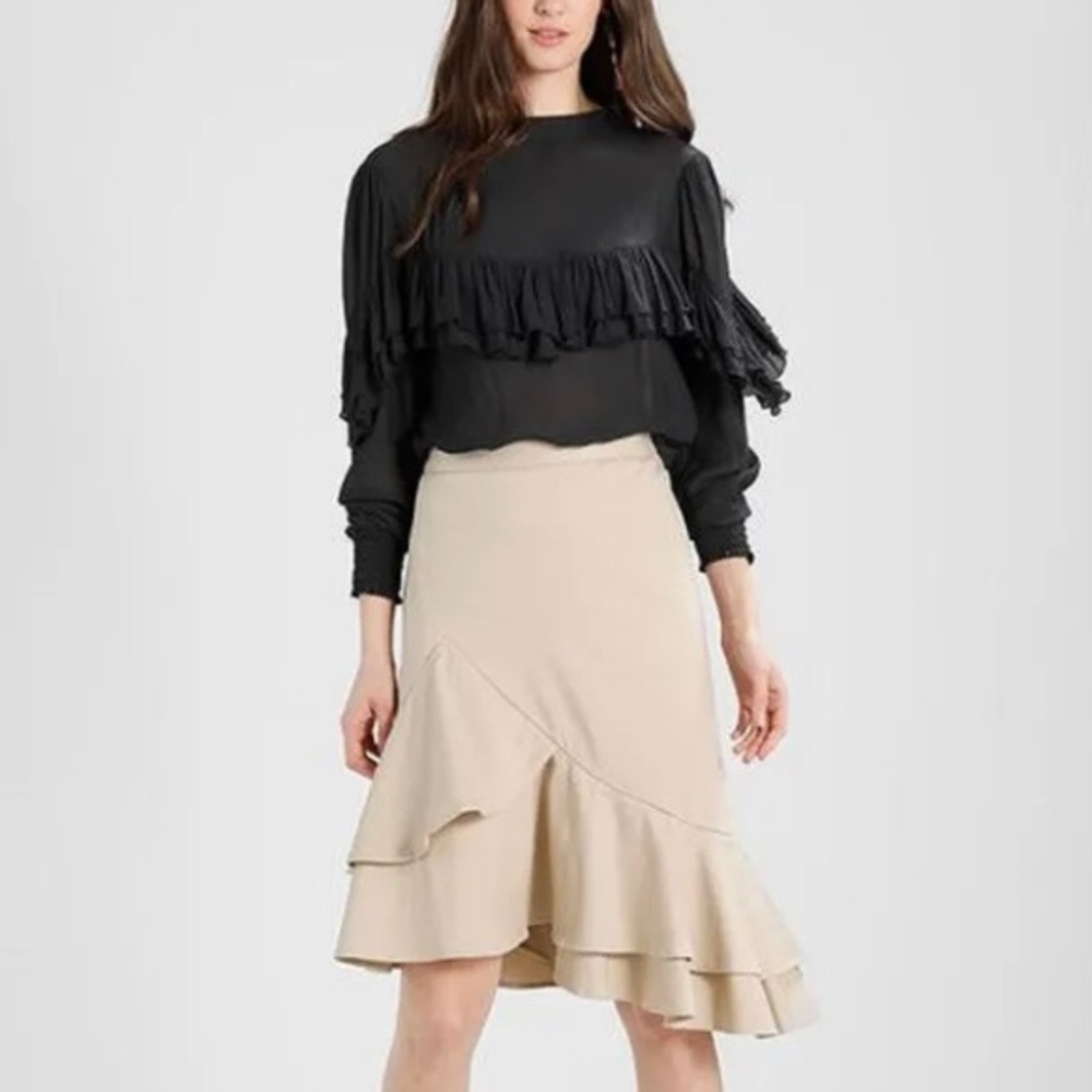 Banana Republic Asymmetric Curved Flounced Midi Skirt in Khaki Golden Beige